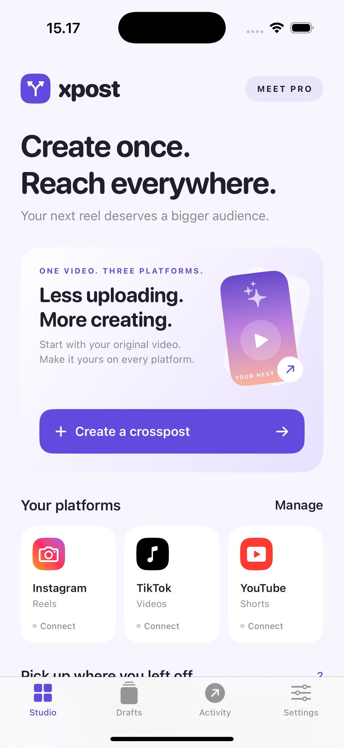 XPOST’s iPhone studio, showing Create a crosspost and account connections for Instagram, TikTok and YouTube.
